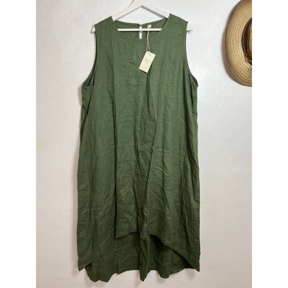 NWT Amazhiyu Linen Sleeveless High Low Midi Dress Army Green Pockets XL Resort